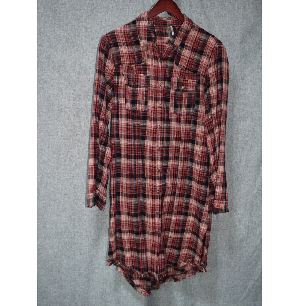 Free People Plaid Button Front Flannel Shirt Dress Size Small